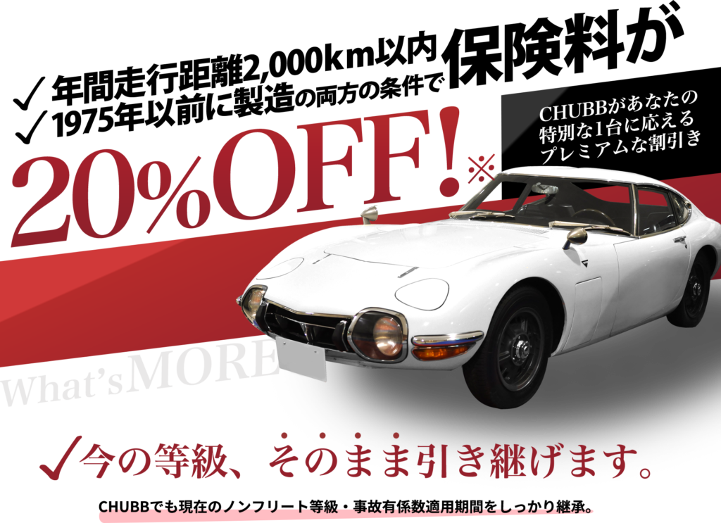 年間走行距離2,000km以内、1975年以前に製造の両方の条件で保険料が20%OFFF チャブがあなたの特別な1台に応えるプレミアムな割引
※今の等級そのまま引き継げます。CHUBBでも現在のノンフリート等級・事故有係数適用期間をしっかり継承。