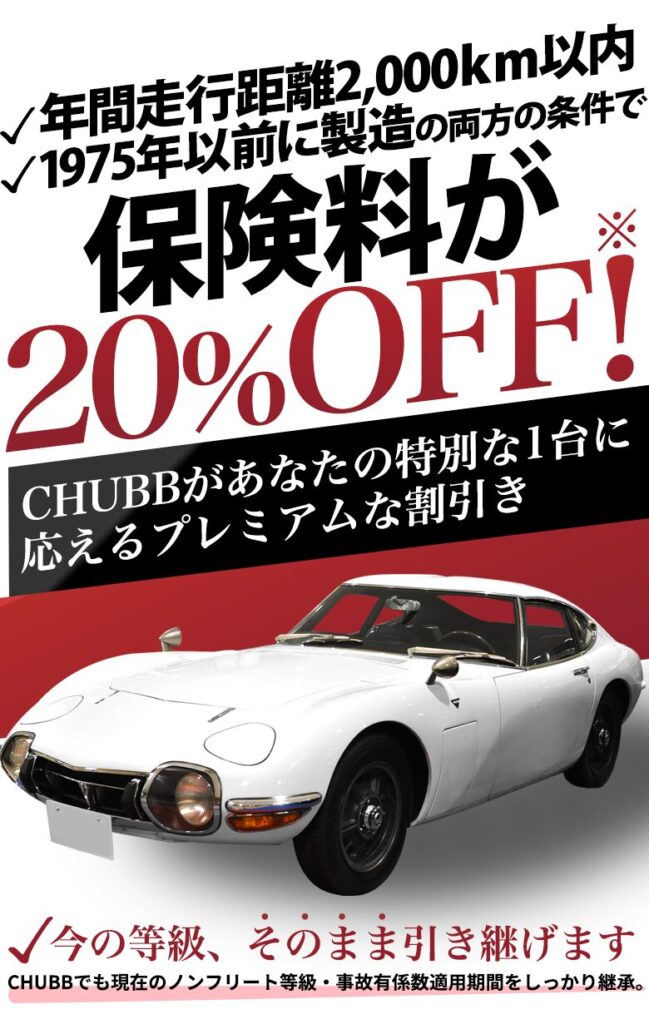 年間走行距離2,000km以内、1975年以前に製造の両方の条件で保険料が20%OFFF チャブがあなたの特別な1台に応えるプレミアムな割引
※今の等級そのまま引き継げます。CHUBBでも現在のノンフリート等級・事故有係数適用期間をしっかり継承。